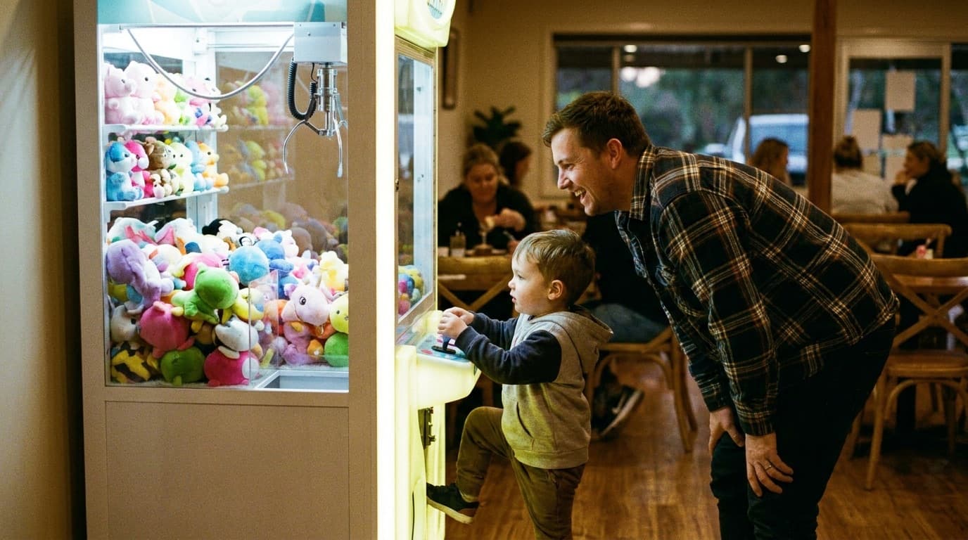 A child playing a QuikVend claw machine while a parent watches in a family café