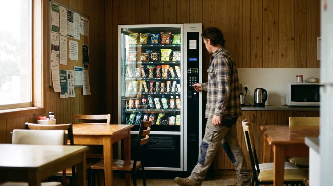 A person choosing a snack from a QuikVend vending machine in a regional workplace lunchroom
