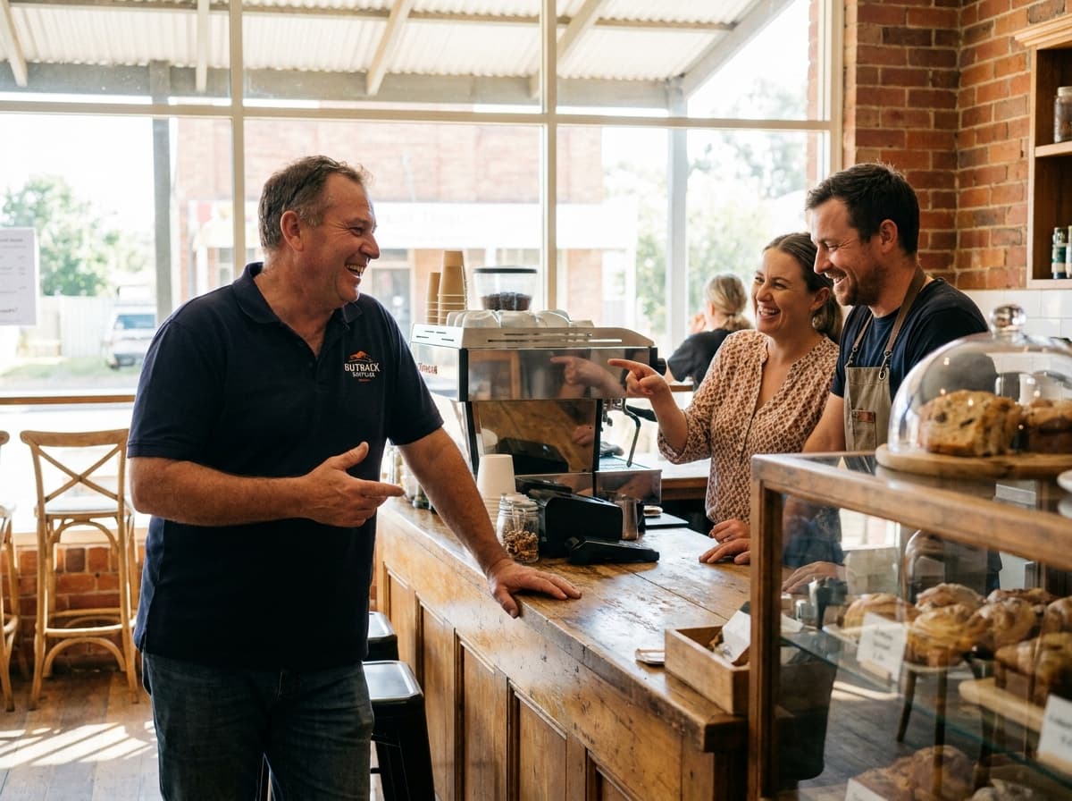 A QuikVend rep meeting venue owners at a country café